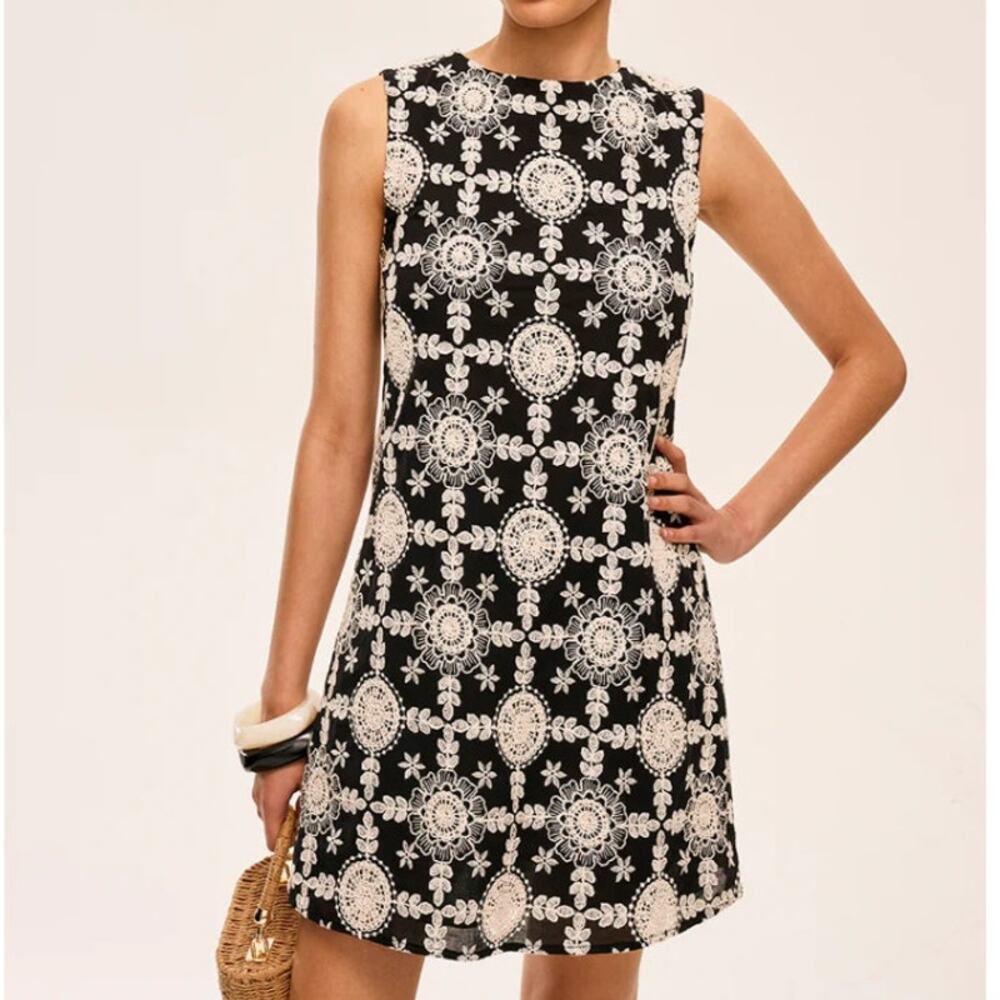 Commense Embroidered Cotton Mini Dress L Black Ivory Sleeveless European Summer
